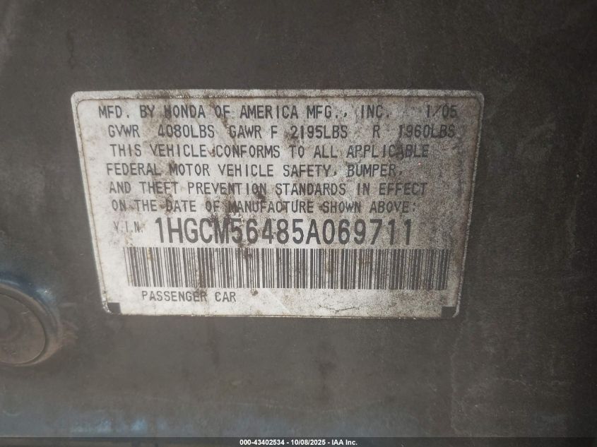 2005 Honda Accord 2.4 Lx VIN: 1HGCM56485A069711 Lot: 43402534