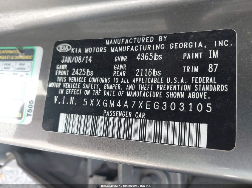 2014 Kia Optima Lx VIN: 5XXGM4A7XEG303105 Lot: 43402537