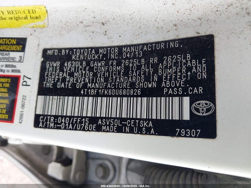 2013 Toyota Camry Se VIN: 4T1BF1FK6DU680826 Lot: 43402544