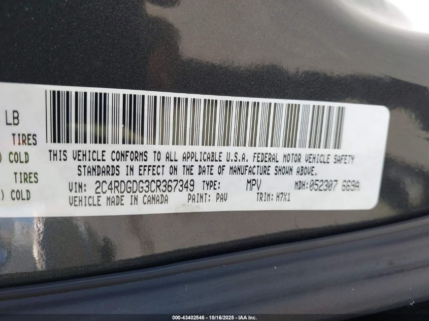 2012 Dodge Grand Caravan Crew VIN: 2C4RDGDG3CR367349 Lot: 43402546