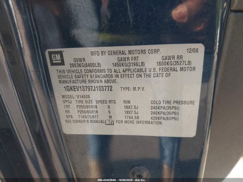 2007 GMC Acadia Sle-1 VIN: 1GKEV13797J103772 Lot: 43402548