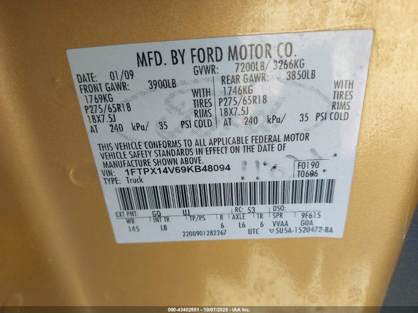 2009 Ford F-150 Fx4/Lariat/Xl/Xlt VIN: 1FTPX14V69KB48094 Lot: 43402551