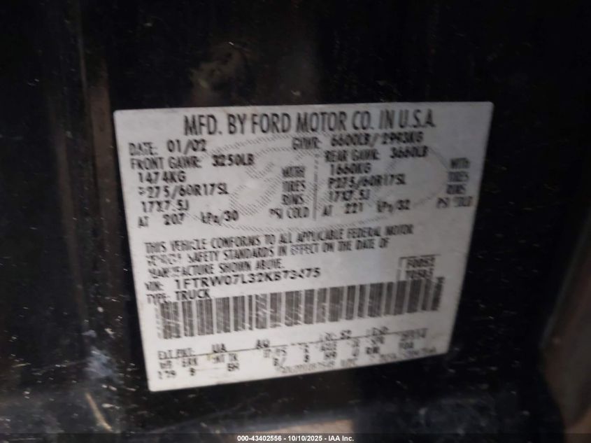 2002 Ford F-150 Lariat/Xlt VIN: 1FTRW07L32KB73475 Lot: 43402556