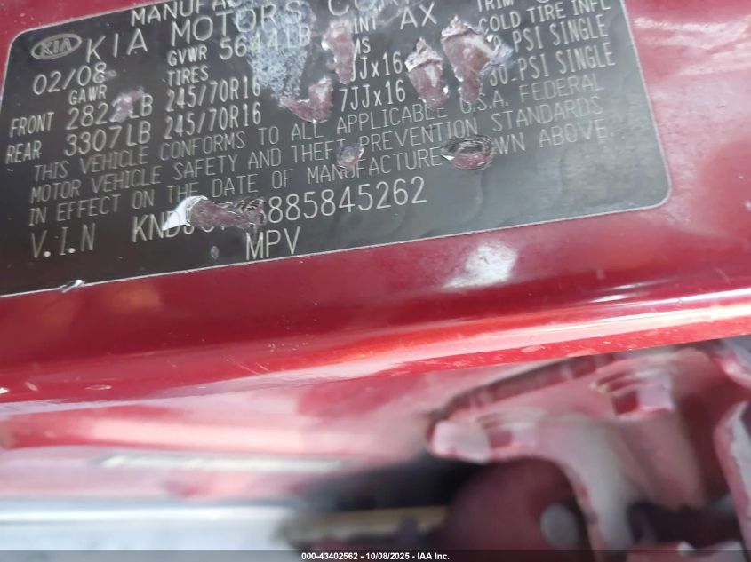 2008 Kia Sorento Ex VIN: KNDJC736885845262 Lot: 43402562