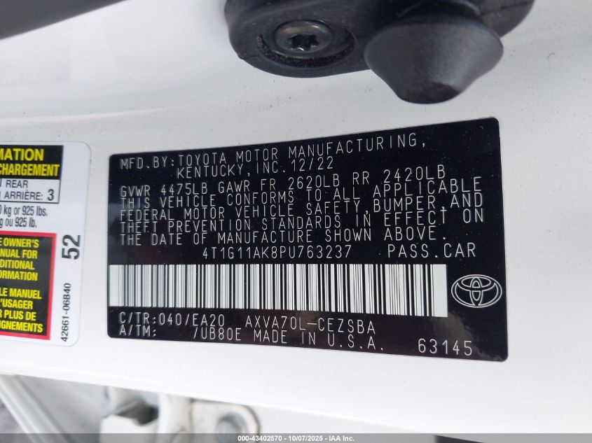 2023 Toyota Camry Se VIN: 4T1G11AK8PU763237 Lot: 43402570