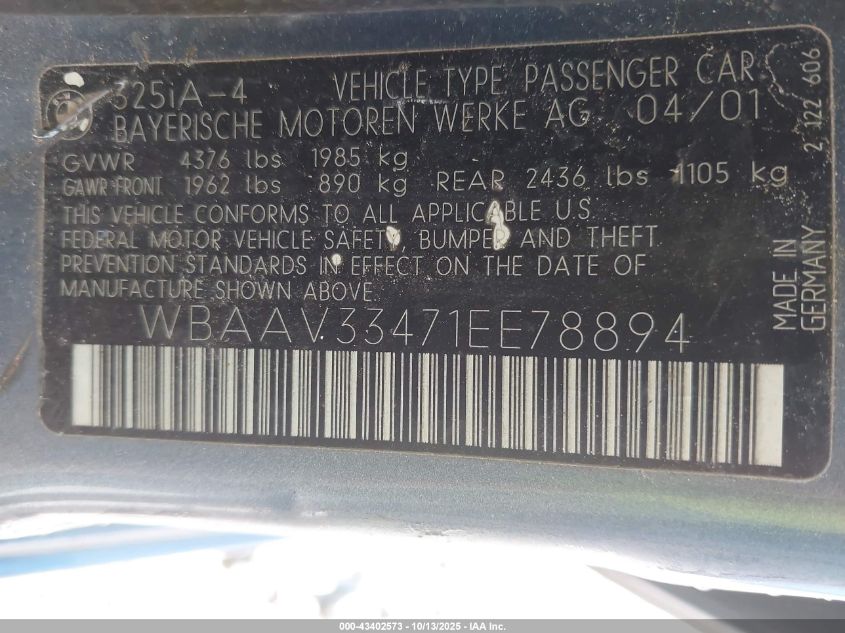 2001 BMW 325I VIN: WBAAV33471EE78894 Lot: 43402573