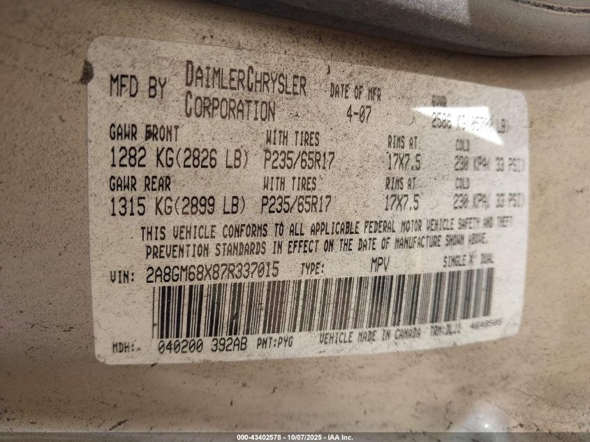 2007 Chrysler Pacifica Touring VIN: 2A8GM68X87R337015 Lot: 43402578