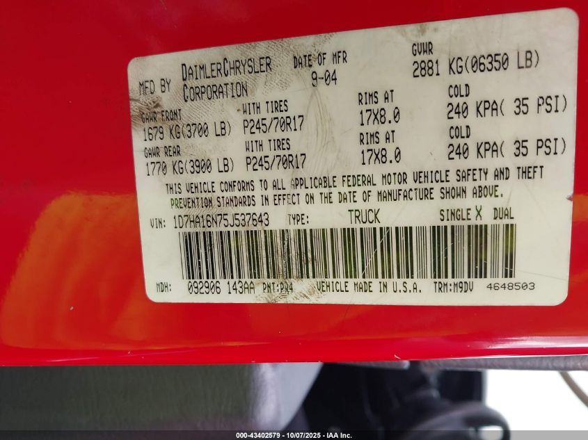 2005 Dodge Ram 1500 Slt/Laramie VIN: 1D7HA16N75J537643 Lot: 43402579