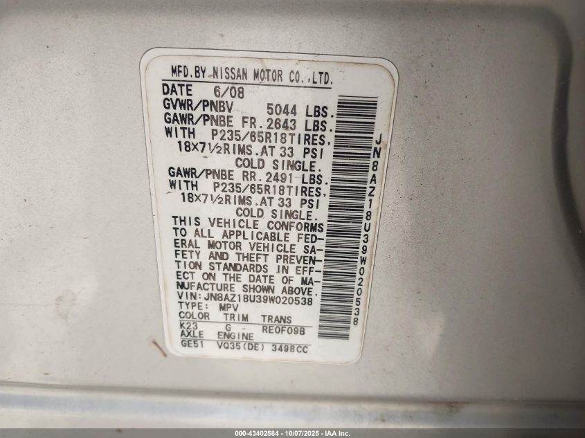 2009 Nissan Murano Sl VIN: JN8AZ18U39W020538 Lot: 43402584