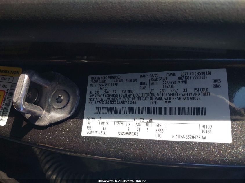 2020 Ford Escape Se Sport Hybrid VIN: 1FMCU0BZ1LUB74245 Lot: 43402586