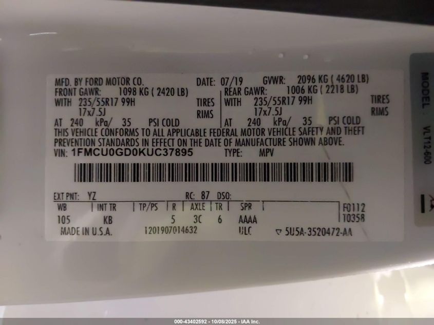 2019 Ford Escape Se VIN: 1FMCU0GD0KUC37895 Lot: 43402592