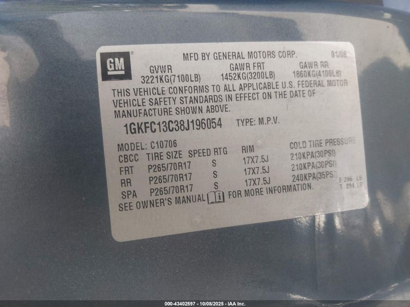 2008 GMC Yukon Sle VIN: 1GKFC13C38J196054 Lot: 43402597
