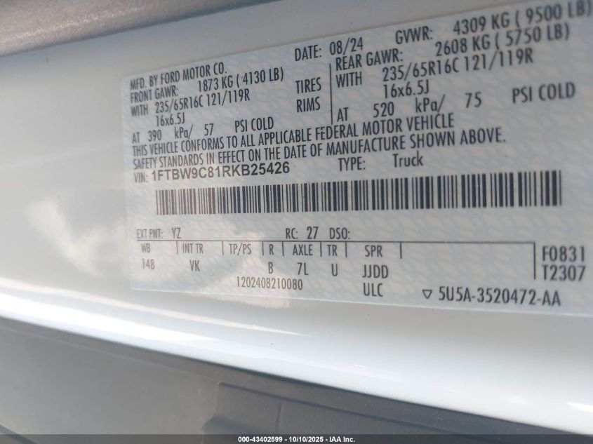 2024 Ford Transit-350 VIN: 1FTBW9C81RKB25426 Lot: 43402599