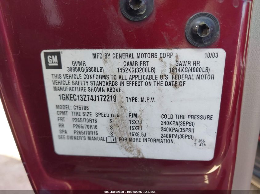 2004 GMC Yukon Slt VIN: 1GKEC13Z74J172219 Lot: 43402600