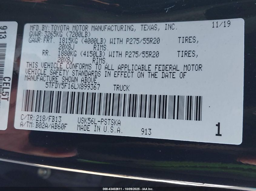 2020 Toyota Tundra Sr5 VIN: 5TFDY5F16LX899367 Lot: 43402611