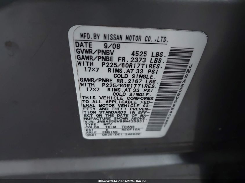 2009 Nissan Rogue Sl VIN: JN8AS58V89W435651 Lot: 43402614