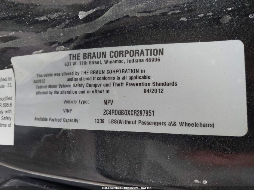 2012 Dodge Grand Caravan Se/Avp VIN: 2C4RDGBGXCR297951 Lot: 43402623