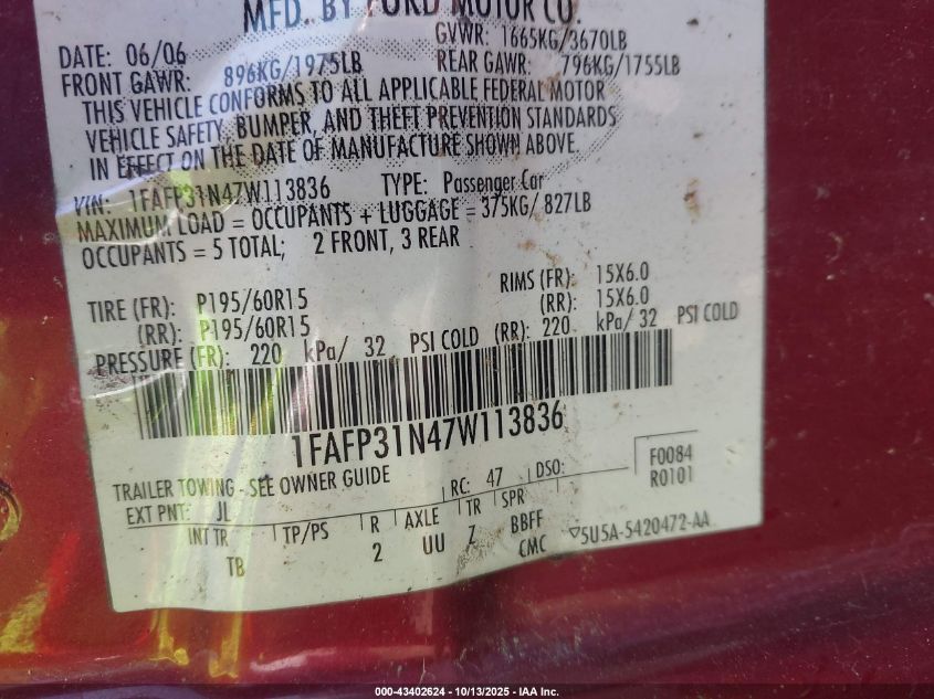 2007 Ford Focus S/Se/Ses VIN: 1FAFP31N47W113836 Lot: 43402624