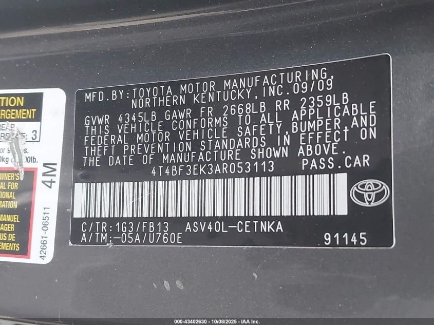 2010 Toyota Camry Se/Le/Xle VIN: 4T4BF3EK3AR053113 Lot: 43402630