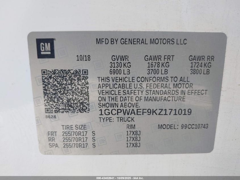 2019 Chevrolet Silverado 1500 Work Truck VIN: 1GCPWAEF9KZ171019 Lot: 43402641