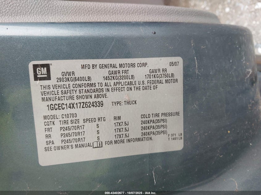 2007 Chevrolet Silverado 1500 Work Truck VIN: 1GCEC14X17Z624339 Lot: 43402677
