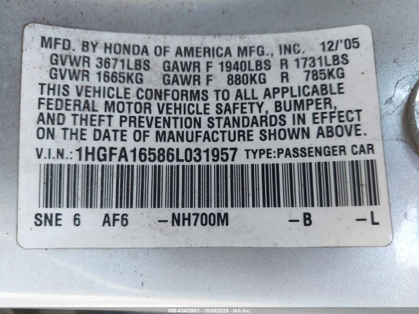 2006 Honda Civic Lx VIN: 1HGFA16586L031957 Lot: 43402681
