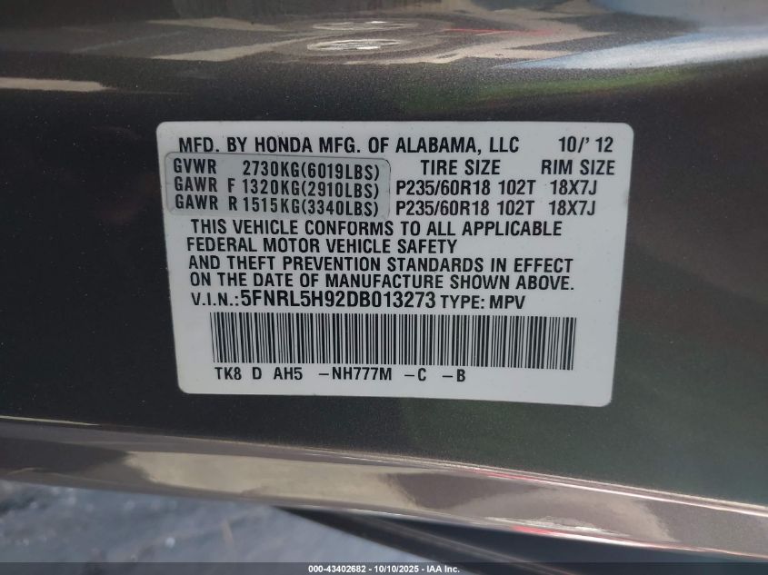 2013 Honda Odyssey Touring/Touring Elite VIN: 5FNRL5H92DB013273 Lot: 43402682