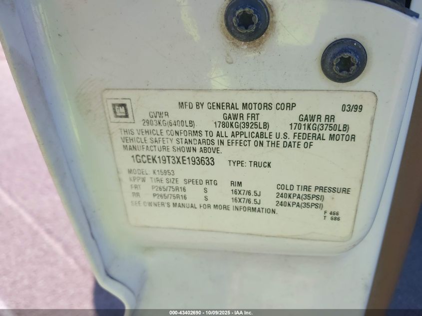 1999 Chevrolet Silverado 1500 Ls VIN: 1GCEK19T3XE193633 Lot: 43402690