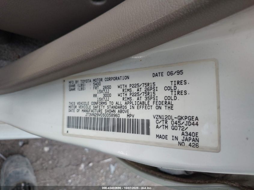 1995 Toyota 4Runner Vn29 Sr5 VIN: JT3VN29V0S0058960 Lot: 43402696