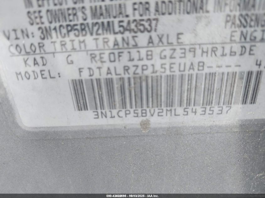 2021 Nissan Kicks S Xtronic Cvt VIN: 3N1CP5BV2ML543537 Lot: 43402698