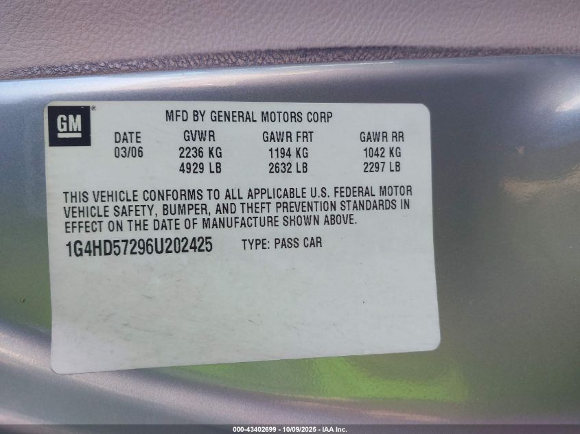 2006 Buick Lucerne Cxl VIN: 1G4HD57296U202425 Lot: 43402699