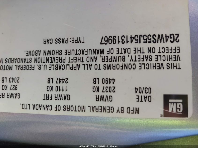 2004 Buick Century VIN: 2G4WS55J541319967 Lot: 43402709