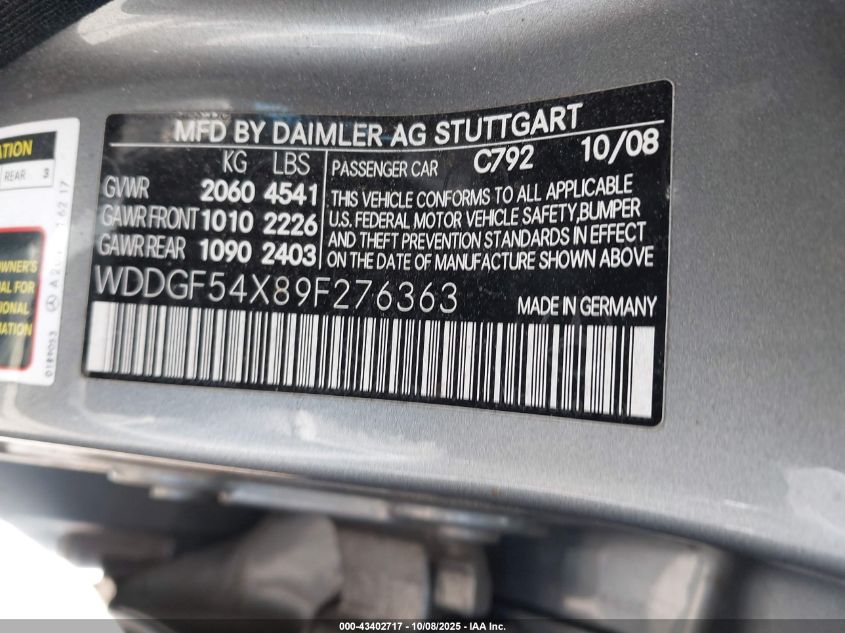 2009 Mercedes-Benz C 300 Luxury/Sport VIN: WDDGF54X89F276363 Lot: 43402717
