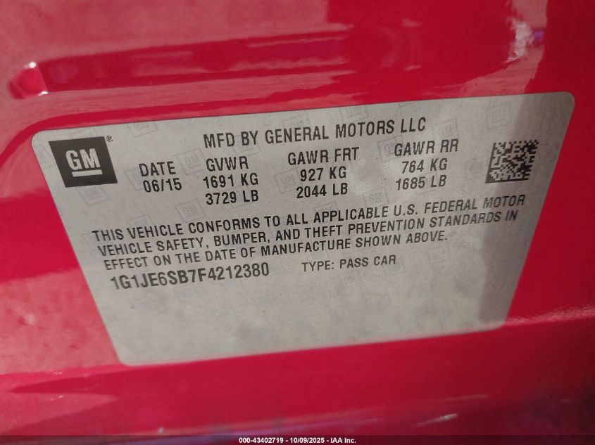 2015 Chevrolet Sonic Ltz Auto VIN: 1G1JE6SB7F4212380 Lot: 43402719