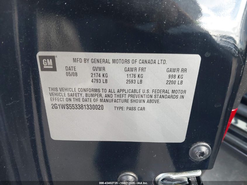 2008 Chevrolet Impala Police VIN: 2G1WS553381330020 Lot: 43402725