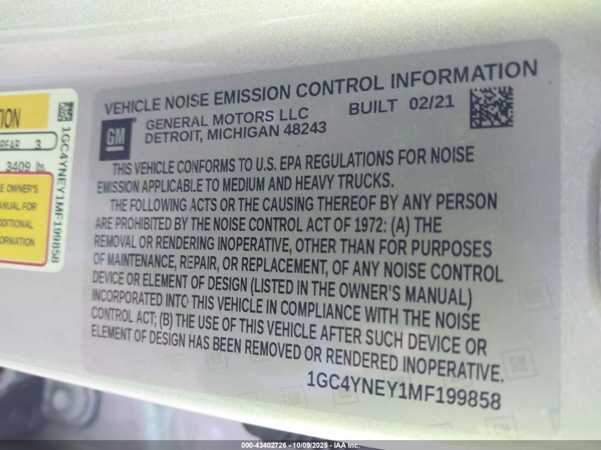 2021 Chevrolet Silverado 2500Hd 4Wd Standard Bed Lt VIN: 1GC4YNEY1MF199858 Lot: 43402726