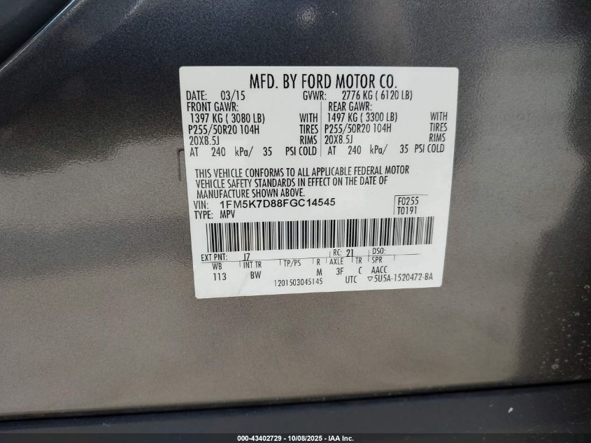 2015 Ford Explorer Xlt VIN: 1FM5K7D88FGC14545 Lot: 43402729