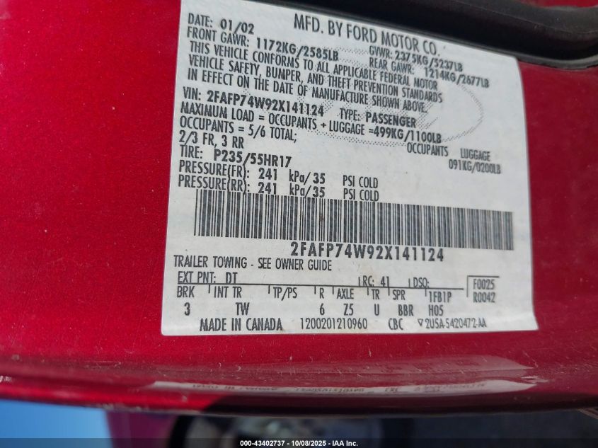 2002 Ford Crown Victoria Lx VIN: 2FAFP74W92X141124 Lot: 43402737