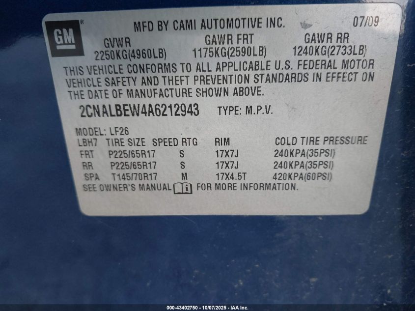 2010 Chevrolet Equinox Ls VIN: 2CNALBEW4A6212943 Lot: 43402750