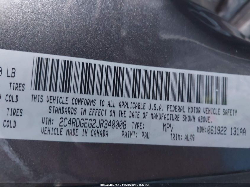 2018 Dodge Grand Caravan Gt VIN: 2C4RDGEG2JR340008 Lot: 43402753