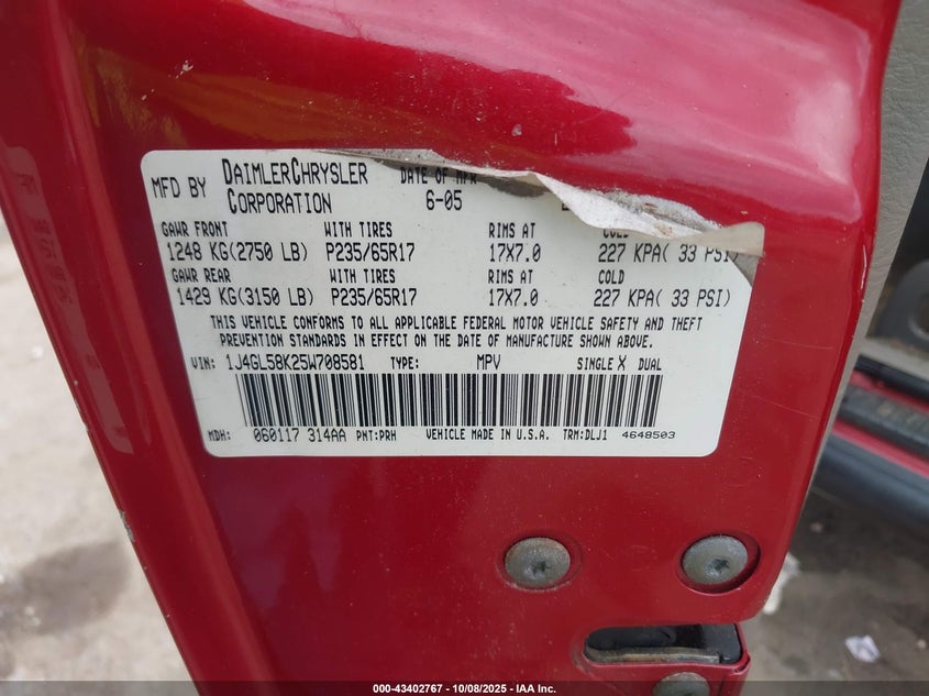 2005 Jeep Liberty Limited Edition VIN: 1J4GL58K25W708581 Lot: 43402767