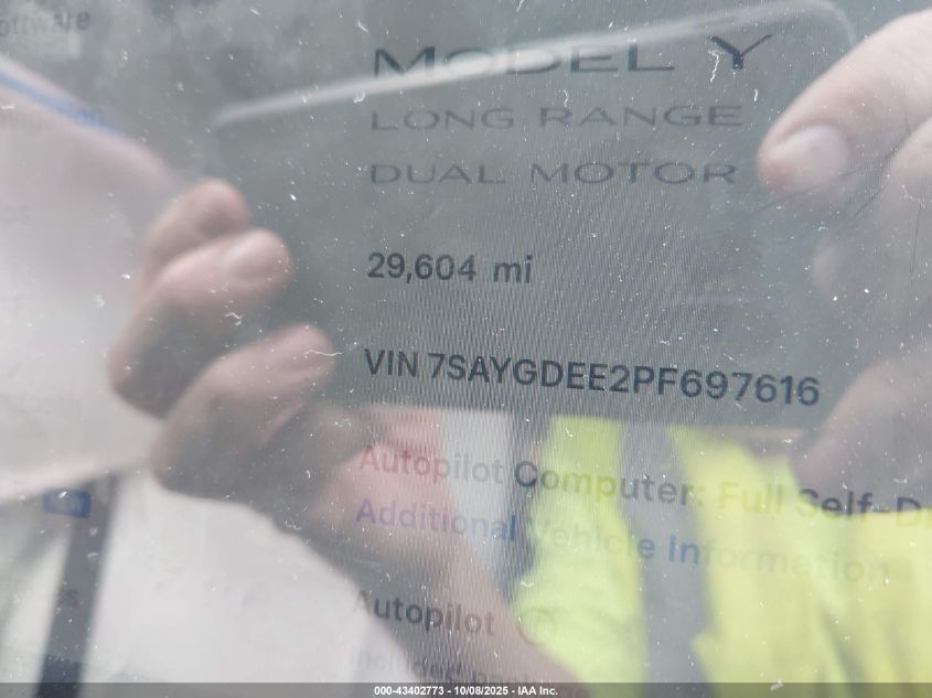 2023 Tesla Model Y VIN: 7SAYGDEE2PF697616 Lot: 43402773