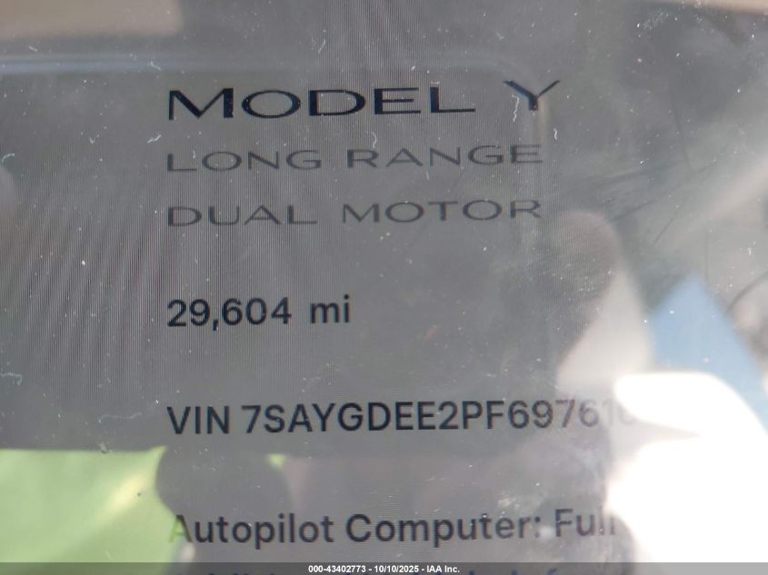 2023 Tesla Model Y VIN: 7SAYGDEE2PF697616 Lot: 43402773