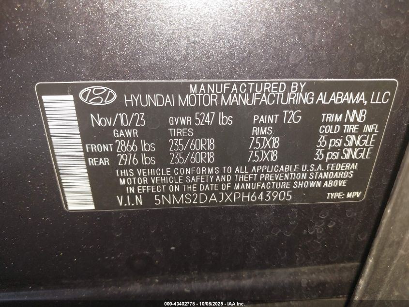 2023 Hyundai Santa Fe Sel VIN: 5NMS2DAJXPH643905 Lot: 43402778