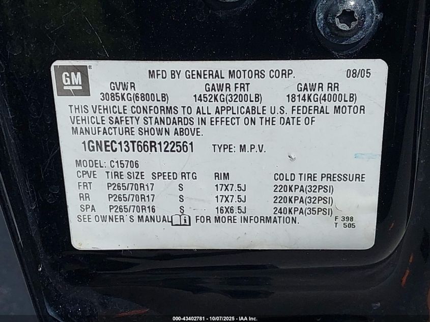 2006 Chevrolet Tahoe Lt VIN: 1GNEC13T66R122561 Lot: 43402781