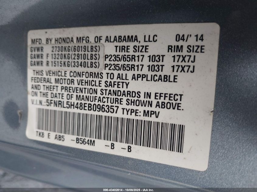 2014 Honda Odyssey Ex VIN: 5FNRL5H48EB096357 Lot: 43402814