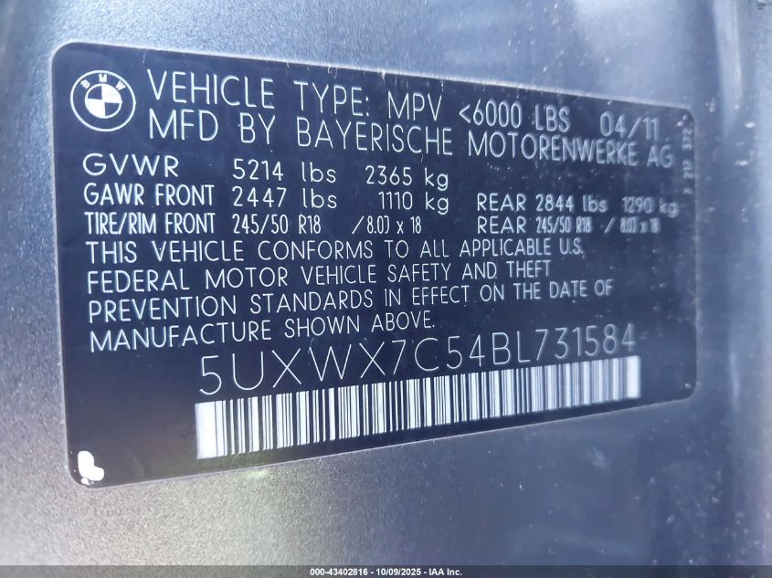 2011 BMW X3 xDrive35I VIN: 5UXWX7C54BL731584 Lot: 43402816