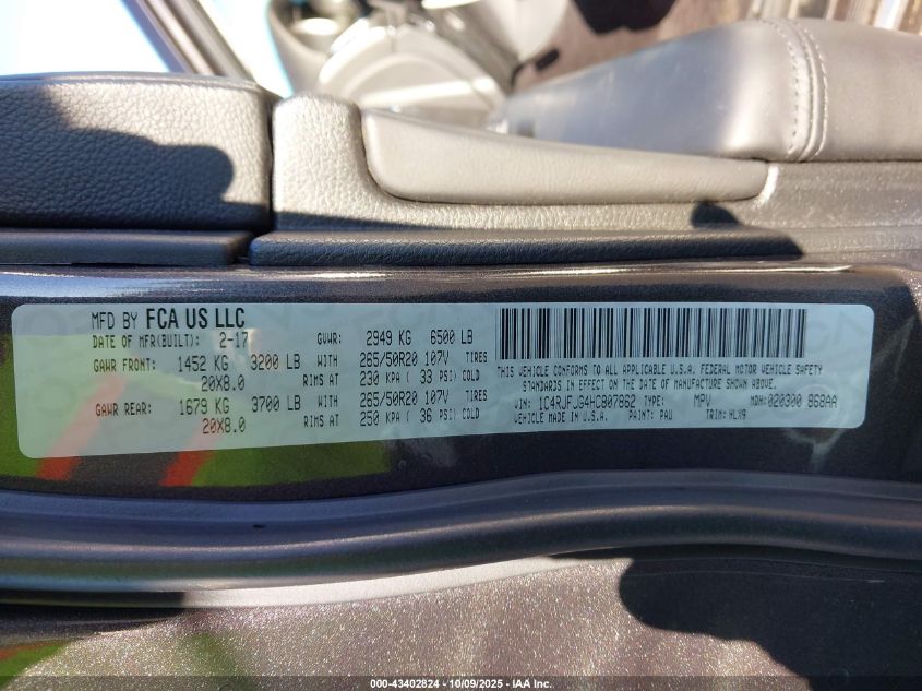 2017 Jeep Grand Cherokee Summit 4X4 VIN: 1C4RJFJG4HC807862 Lot: 43402824