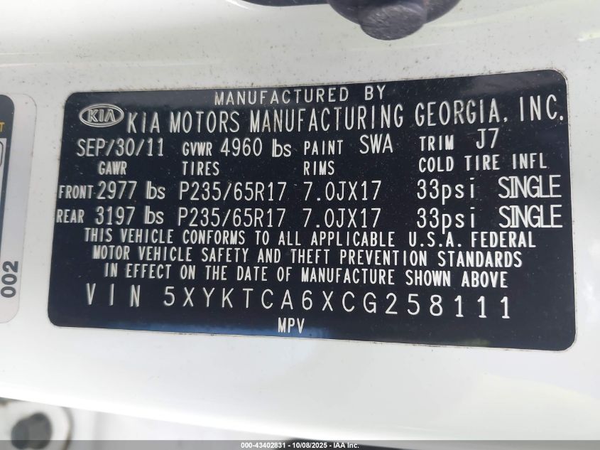 2012 Kia Sorento Lx VIN: 5XYKTCA6XCG258111 Lot: 43402831