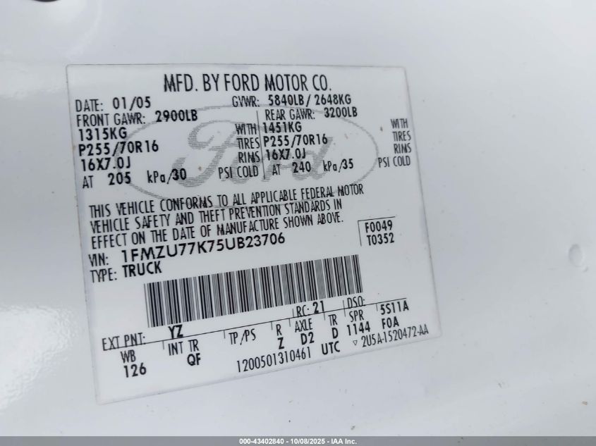 2005 Ford Explorer Sport Trac Adrenalin/Xls/Xlt VIN: 1FMZU77K75UB23706 Lot: 43402840